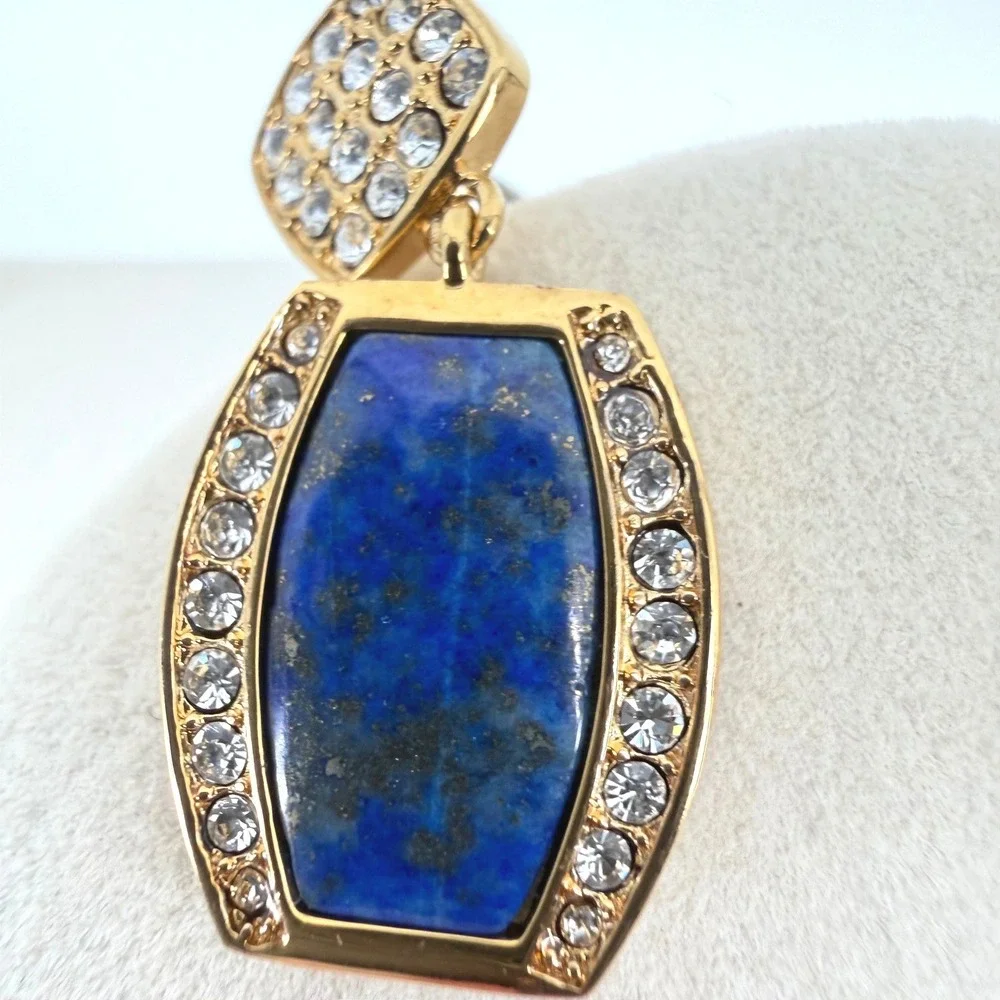 Danbury Mint Lapis Crystal Gold Tone Drop Earrings Blue Geometric Post Back
